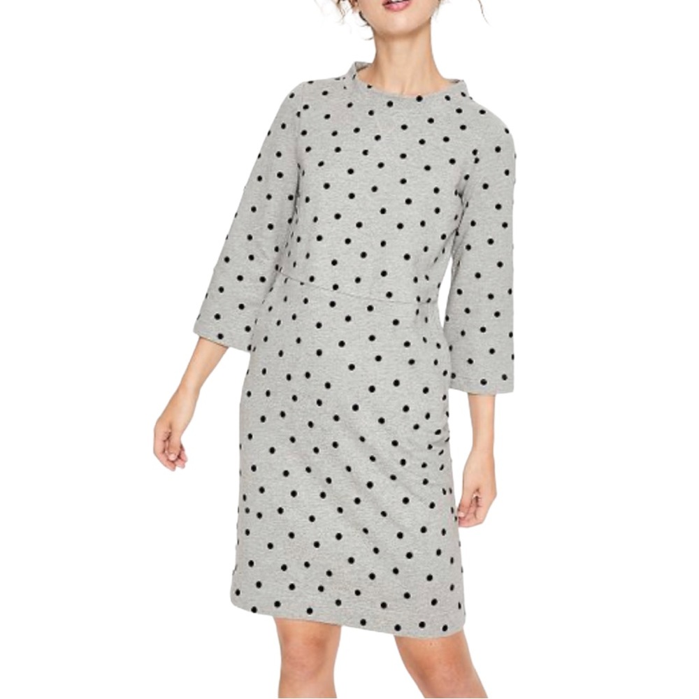 Boden Gray Livia Sweatshirt Dress Navy Polka Dots 3/4 Sleeves Modest Size 4L